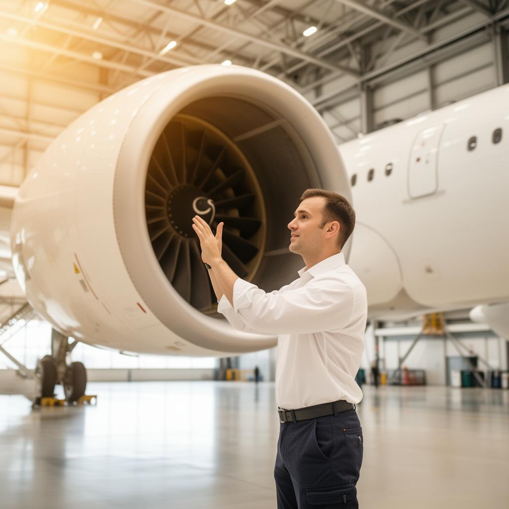 Aircraft engineer inspecting a jet engine in a modern hangar